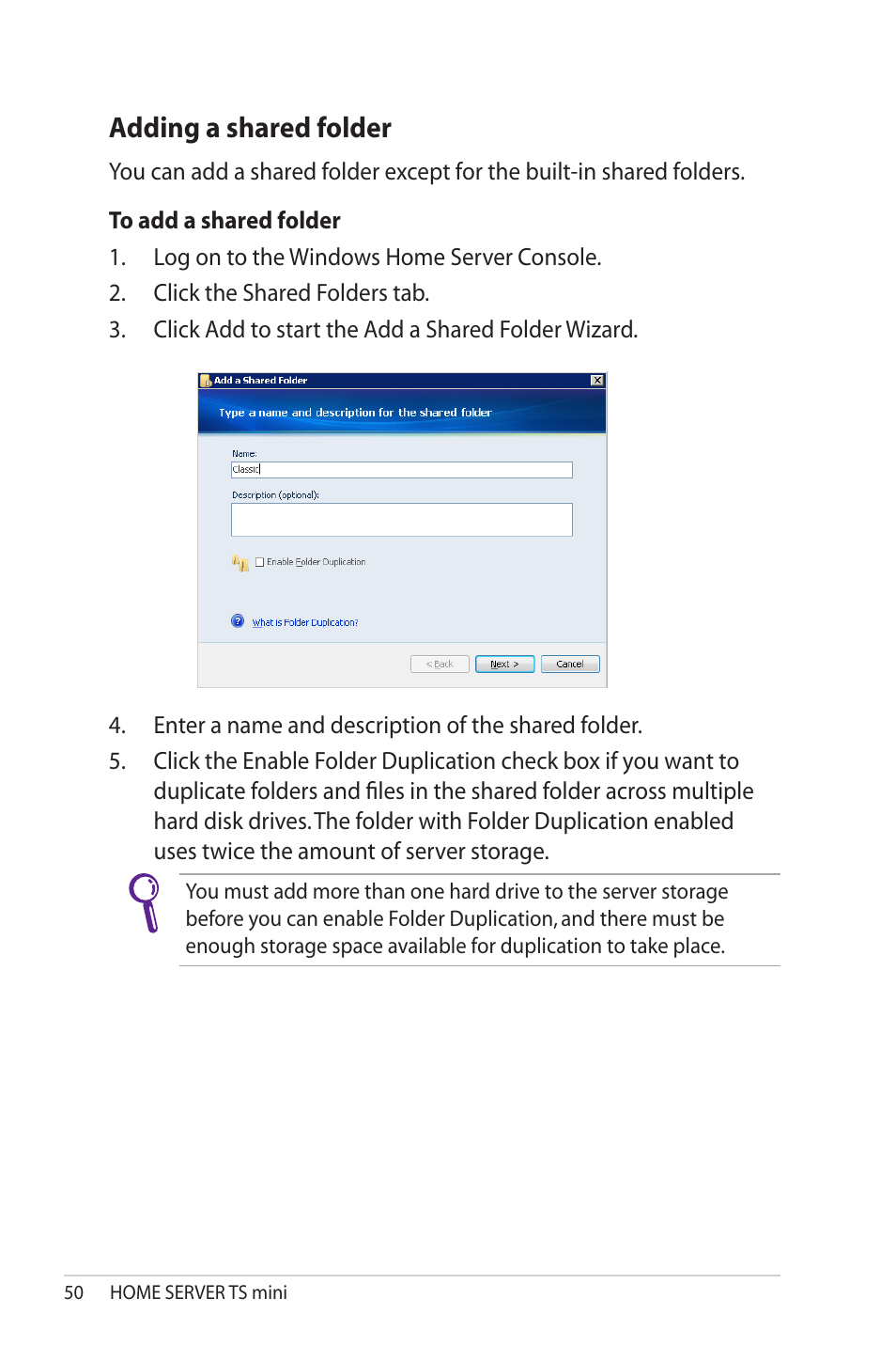 Adding a shared folder, Adding.a.shared.folder | Asus TS Mini User Manual | Page 50 / 114