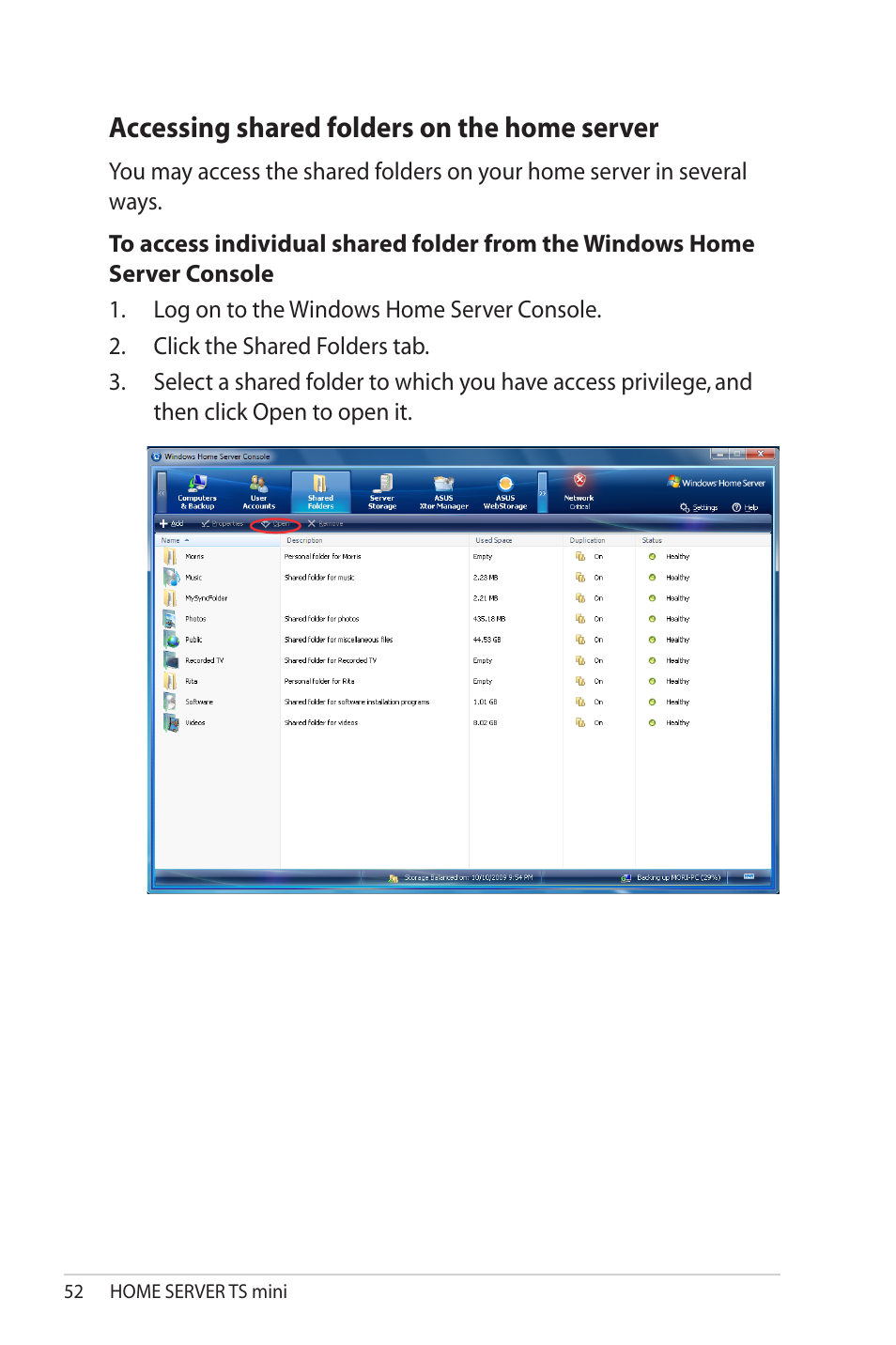 Accessing shared folders on the home server, Accessing.shared.folders.on.the.home.server | Asus TS Mini User Manual | Page 52 / 114