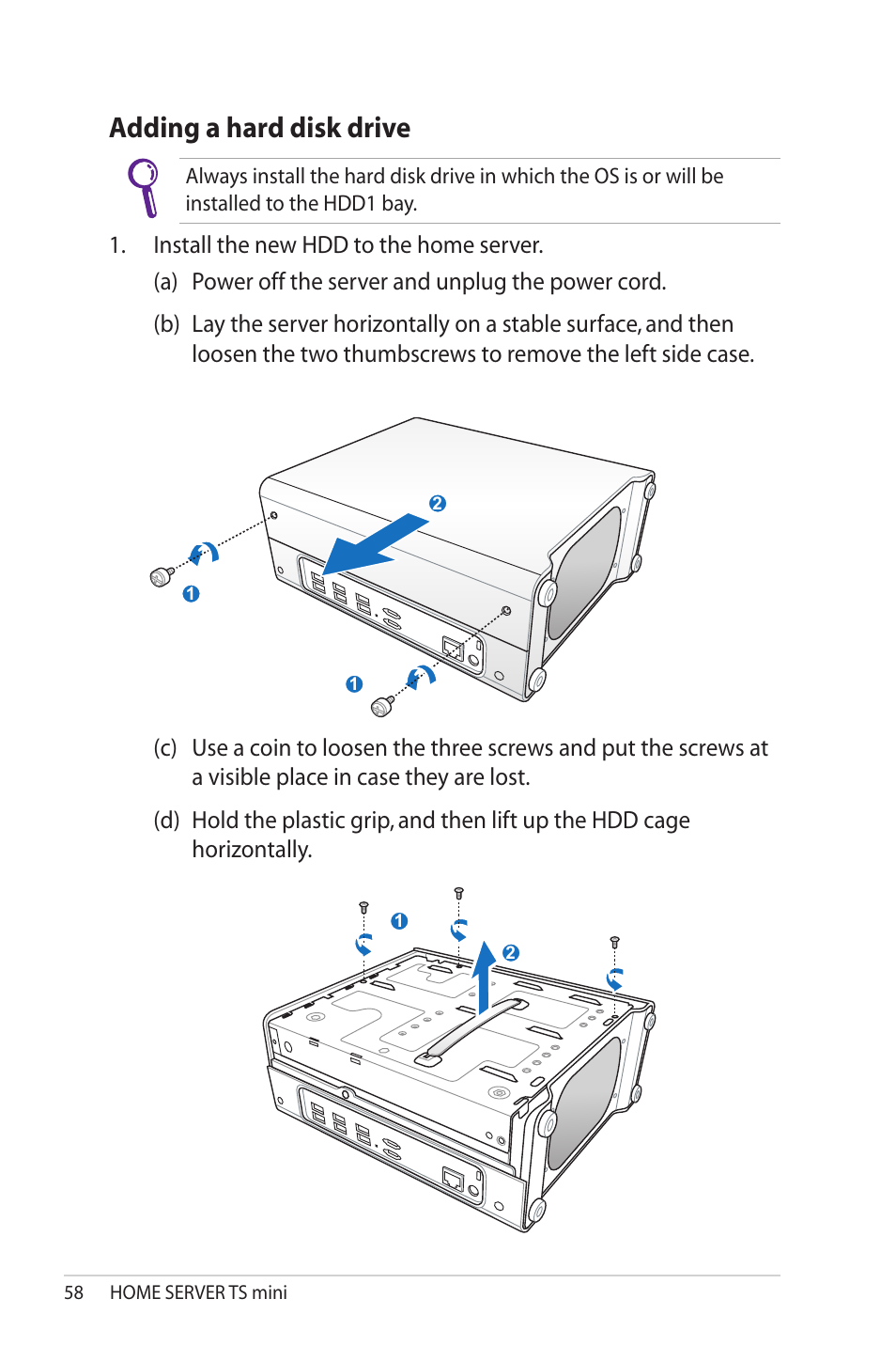 Adding a hard disk drive, Adding.a.hard.disk.drive | Asus TS Mini User Manual | Page 58 / 114
