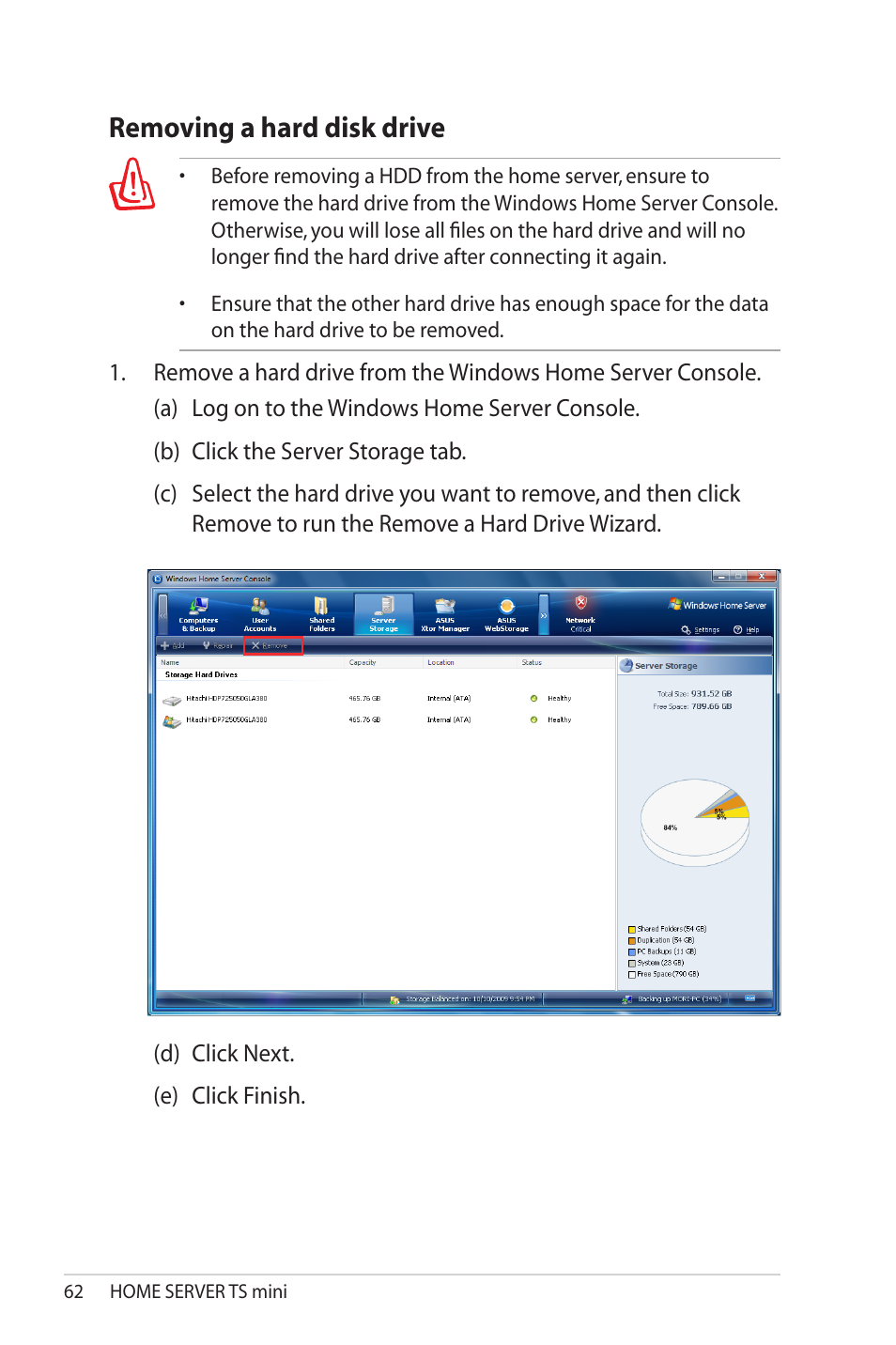 Removing a hard disk drive, Removing.a.hard.disk.drive | Asus TS Mini User Manual | Page 62 / 114