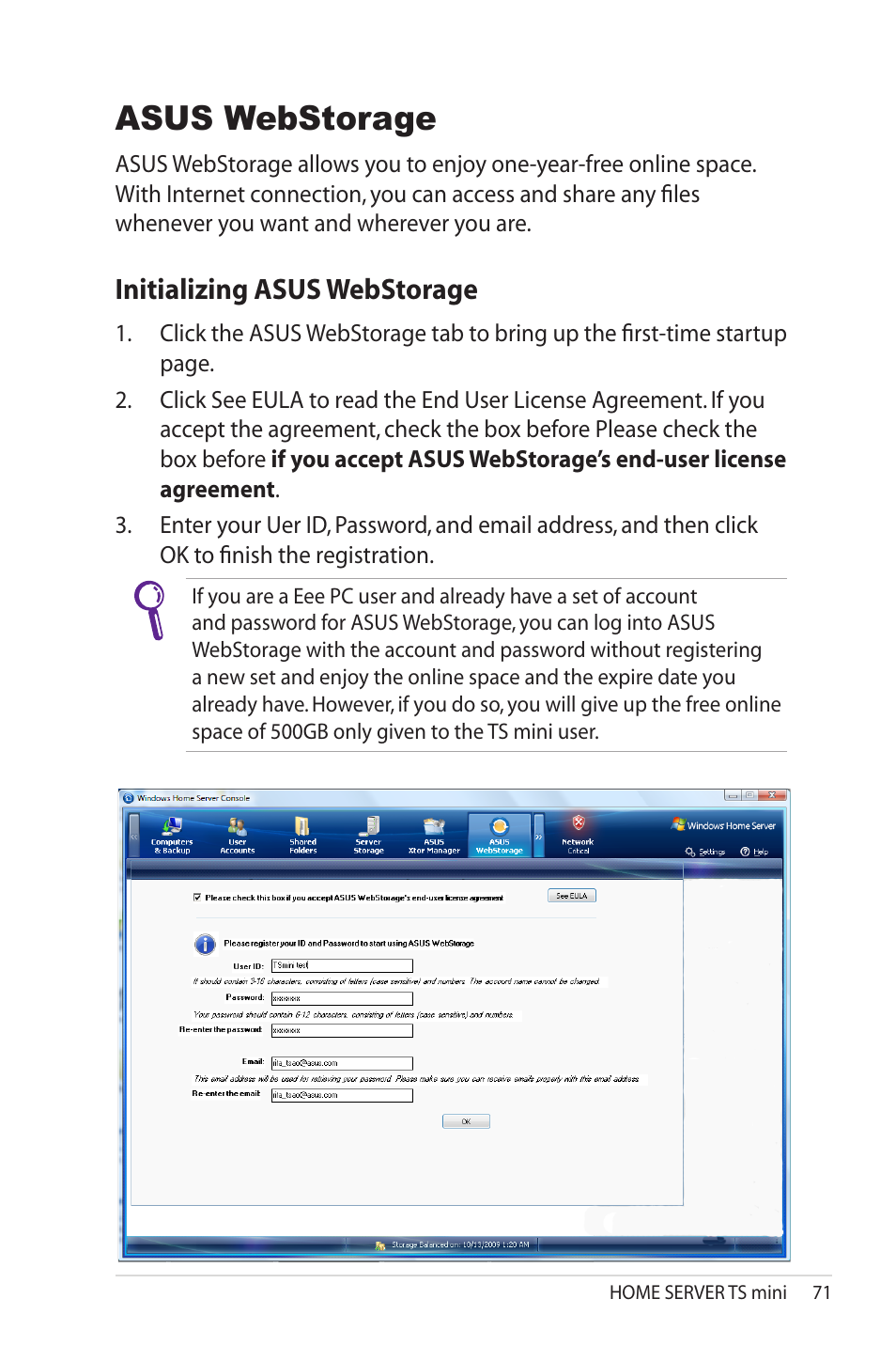 Asus webstorage, Initializing asus webstorage, Initializing.asus.webstorage | Asus TS Mini User Manual | Page 71 / 114