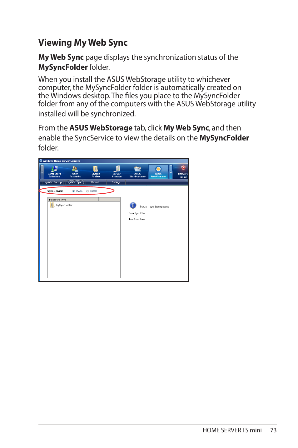Viewing my web sync, Viewing.my.web.sync | Asus TS Mini User Manual | Page 73 / 114