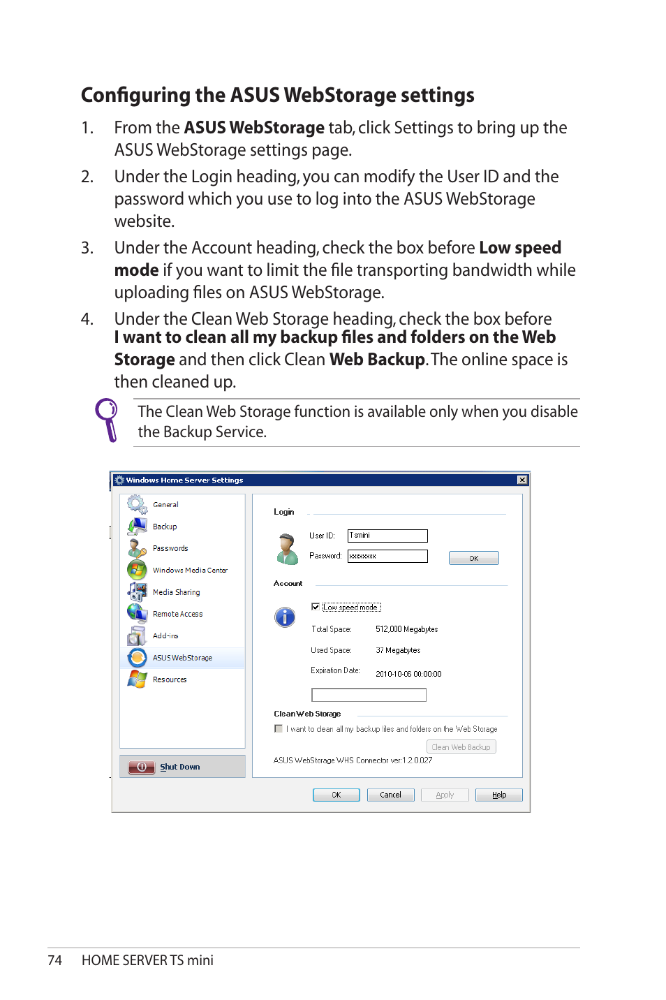 Configuring the asus webstorage settings, Configuring.the.asus.webstorage.settings | Asus TS Mini User Manual | Page 74 / 114