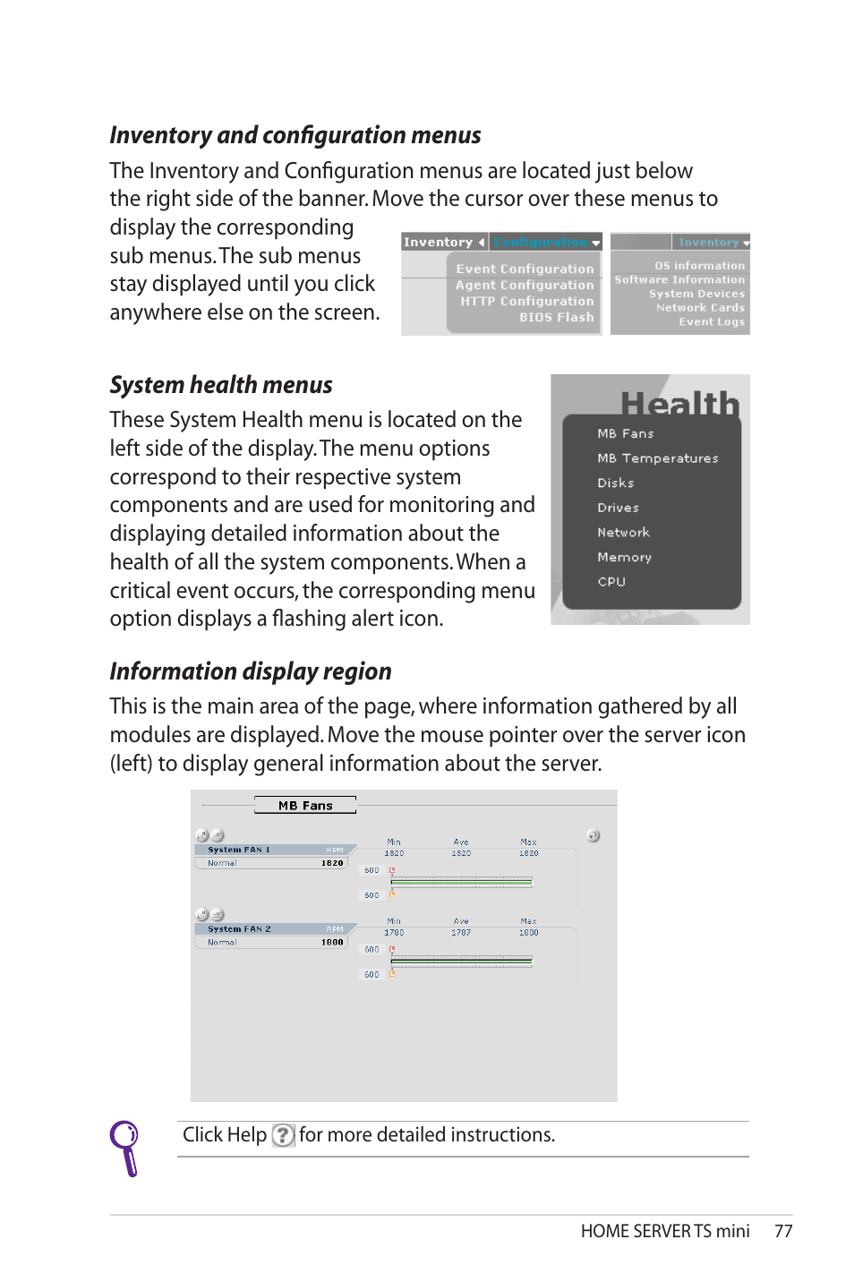 Inventory and configuration menus, System health menus, Information display region | Asus TS Mini User Manual | Page 77 / 114