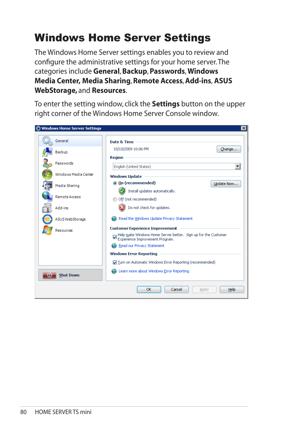 Windows home server settings | Asus TS Mini User Manual | Page 80 / 114