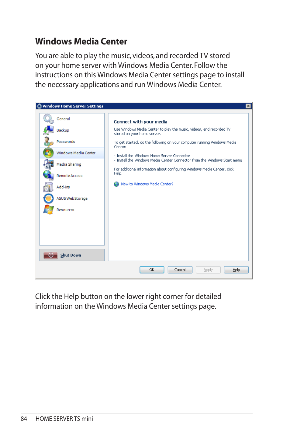 Windows media center, Windows.media.center | Asus TS Mini User Manual | Page 84 / 114