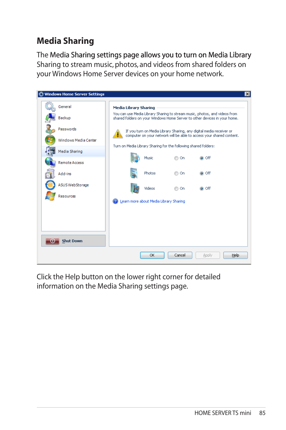 Media sharing, Media.sharing | Asus TS Mini User Manual | Page 85 / 114