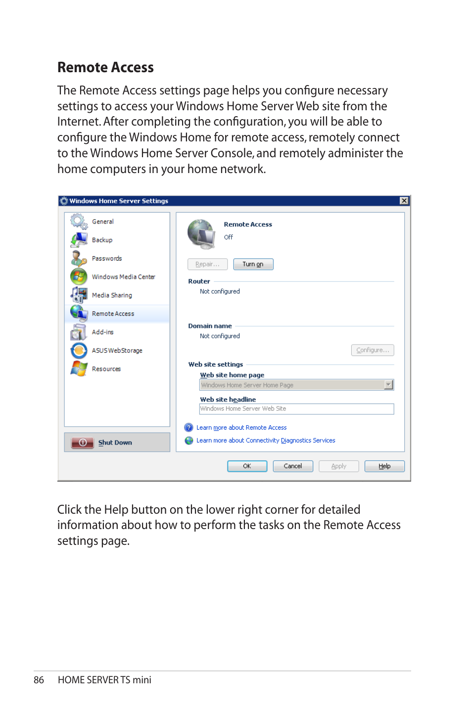 Remote access, Remote.access | Asus TS Mini User Manual | Page 86 / 114