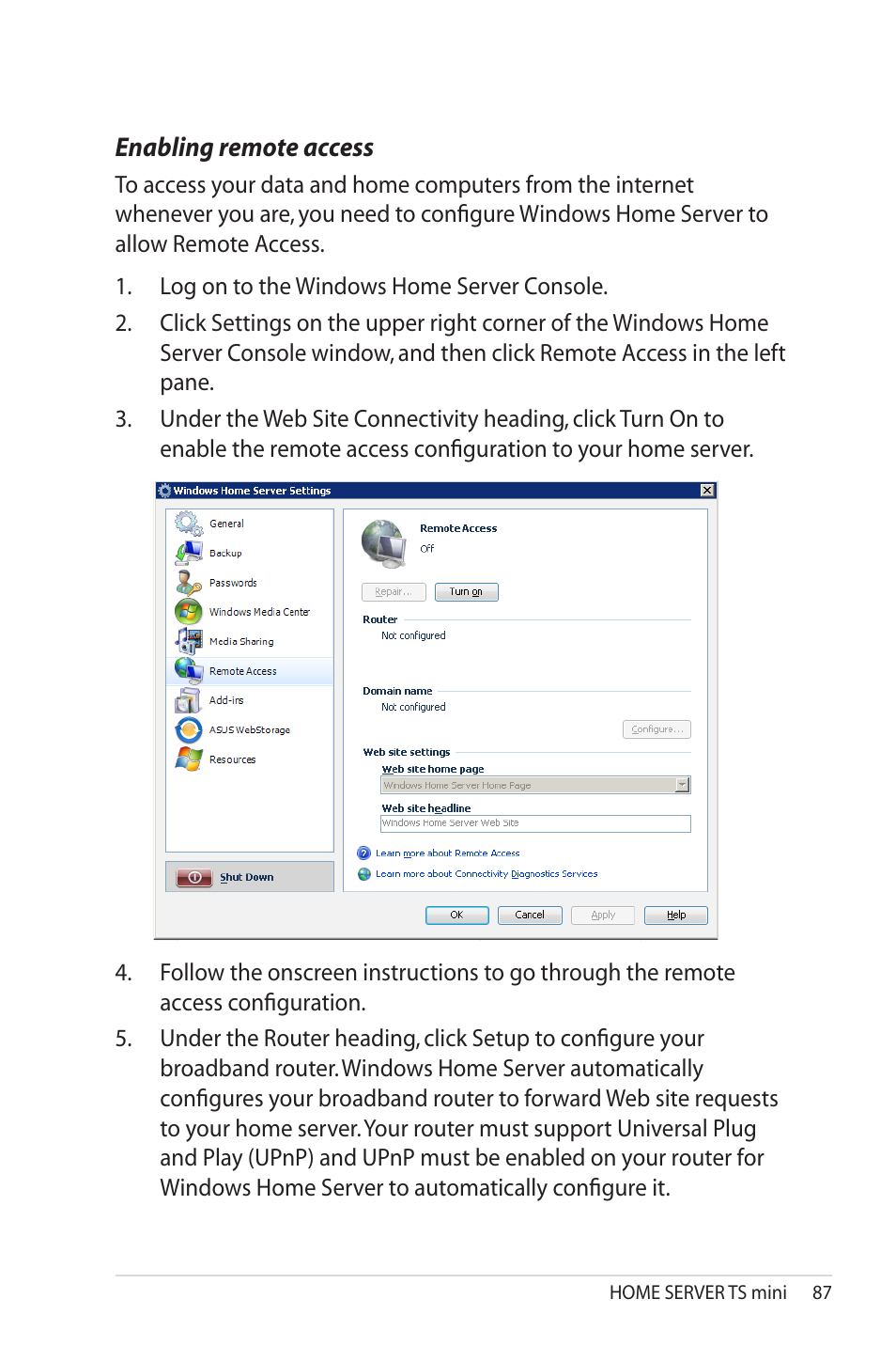 Enabling remote access | Asus TS Mini User Manual | Page 87 / 114