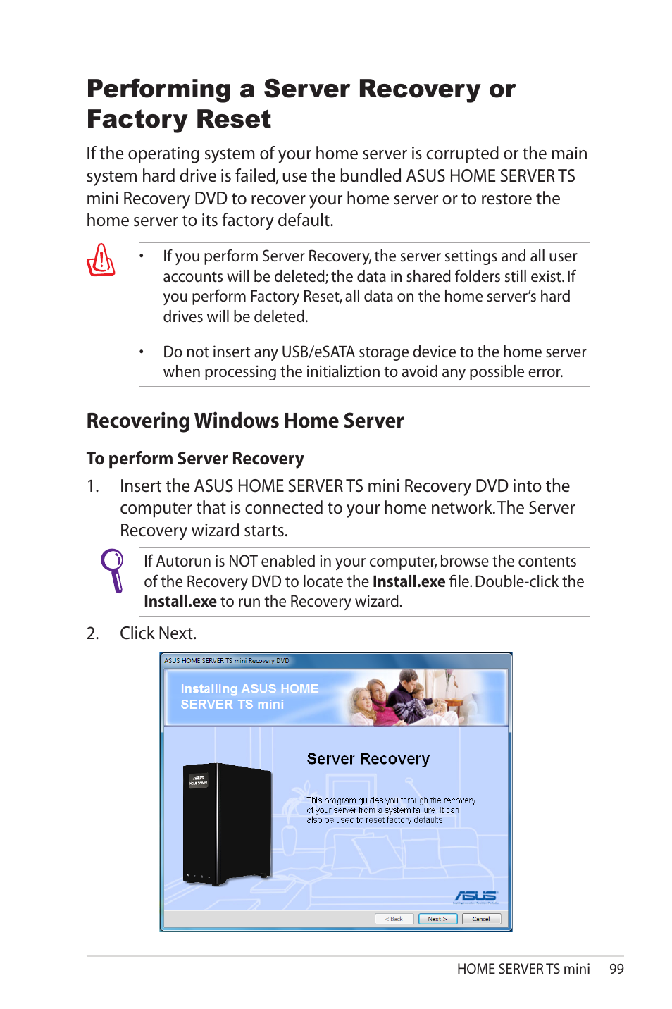 Performing a server recovery or factory reset, Recovering windows home server, Recovering.windows.home.server | Asus TS Mini User Manual | Page 99 / 114