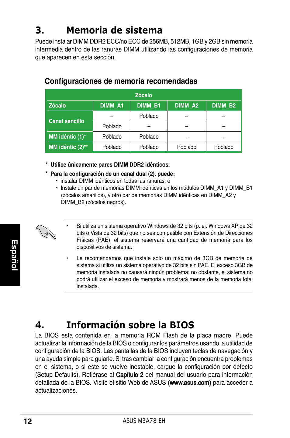 Información sobre la bios, Español | Asus M3A78-EH User Manual | Page 12 / 38