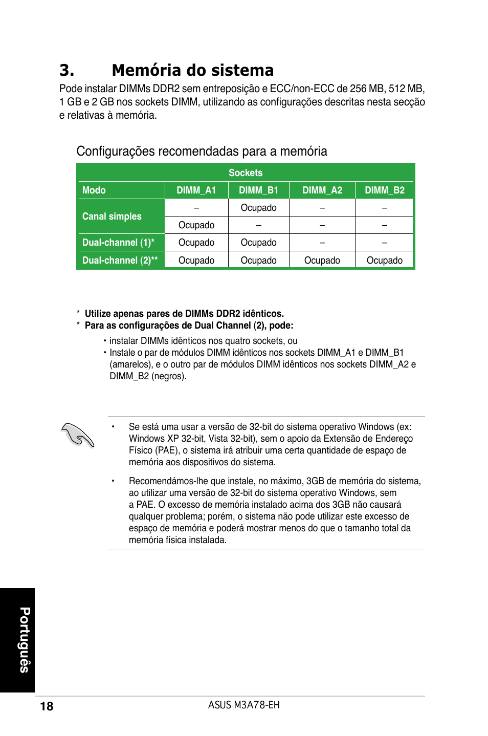 Memória do sistema, Português, Configurações recomendadas para a memória | Asus M3A78-EH User Manual | Page 18 / 38