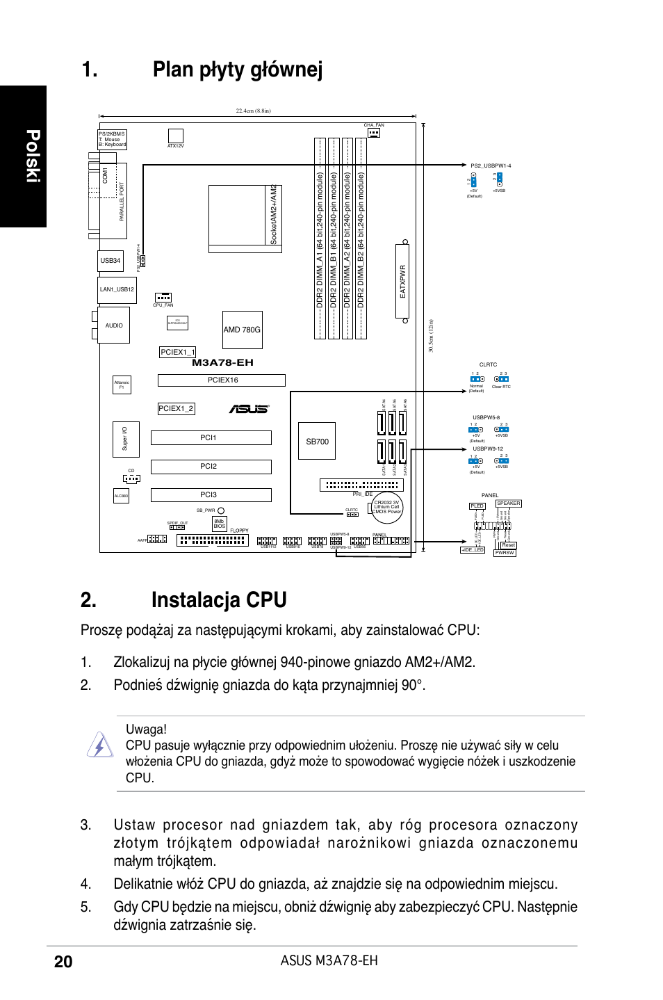 Instalacja cpu, Plan płyty głównej, Polski | Asus m3a78-eh, M3a78-eh | Asus M3A78-EH User Manual | Page 20 / 38