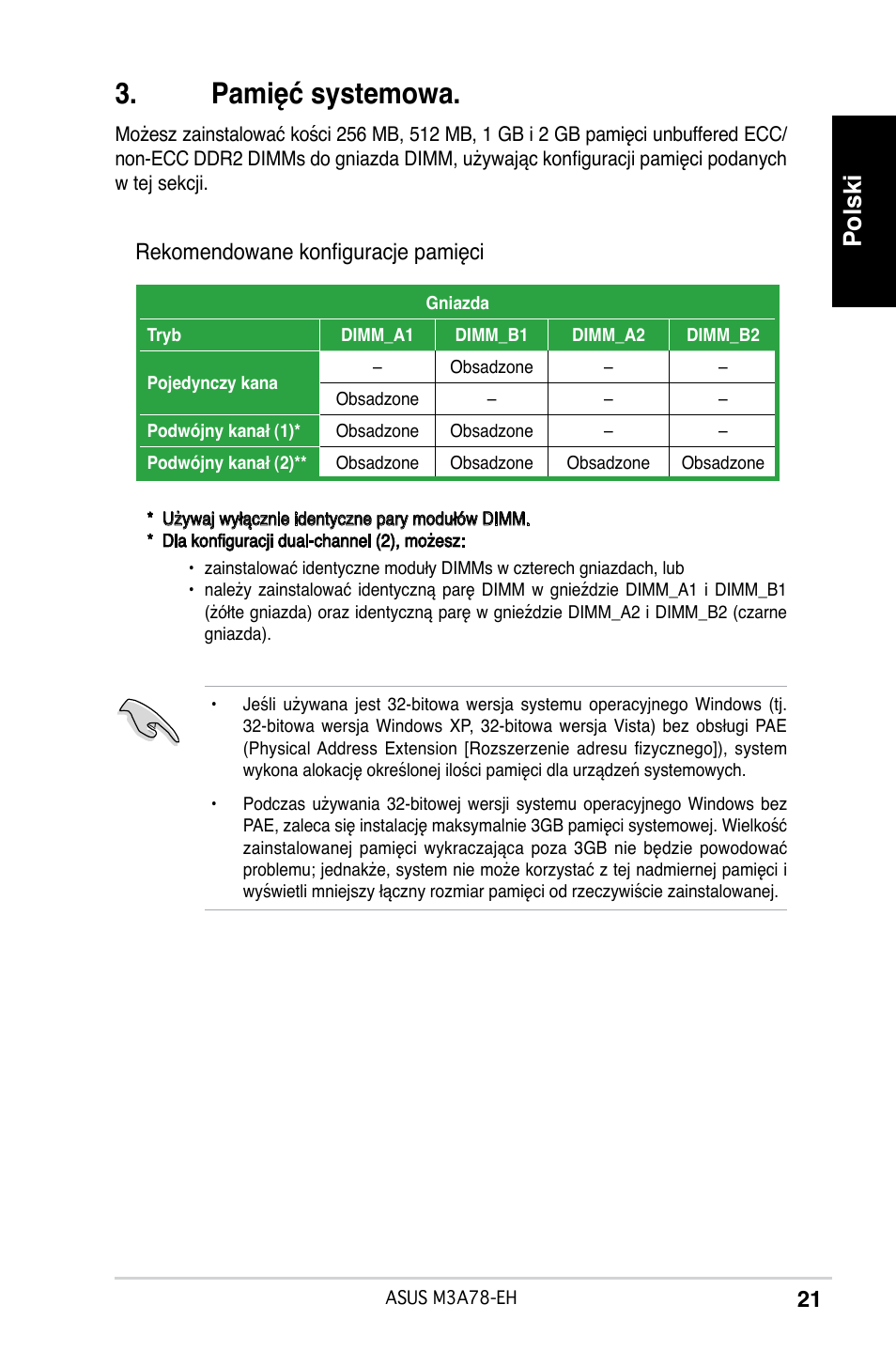 Pamięć systemowa, Polski, Rekomendowane konfiguracje pamięci | Asus M3A78-EH User Manual | Page 21 / 38