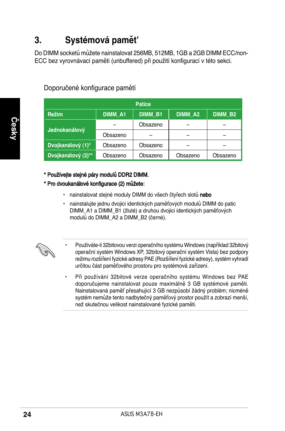 Systémová pamět, Česky, Doporučené konfigurace pamětí | Asus M3A78-EH User Manual | Page 24 / 38