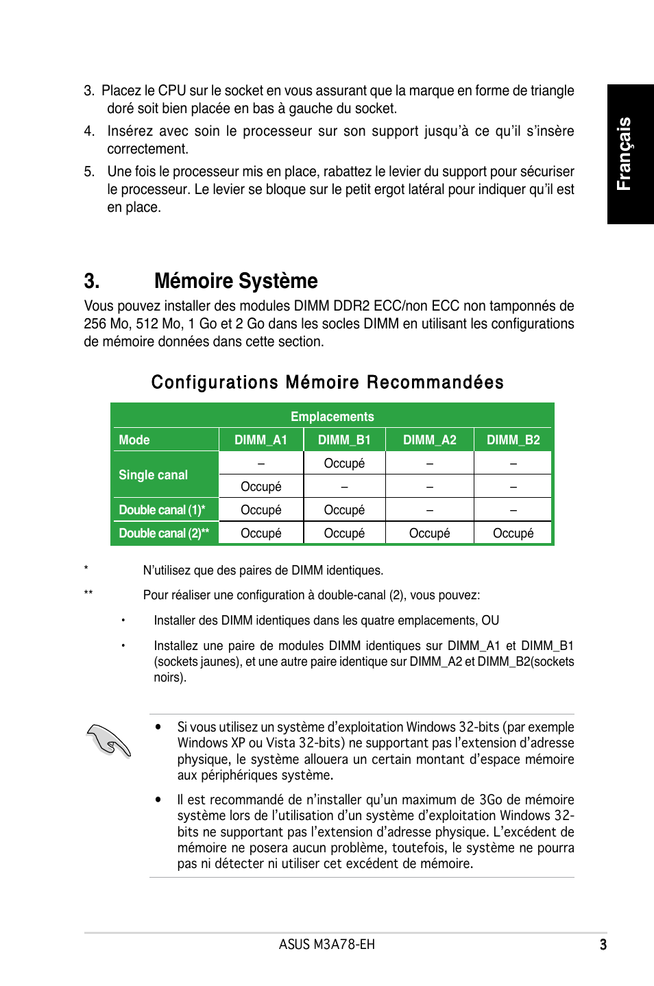 Mémoire système, Français, Configurations mémoire recommandées | Asus M3A78-EH User Manual | Page 3 / 38