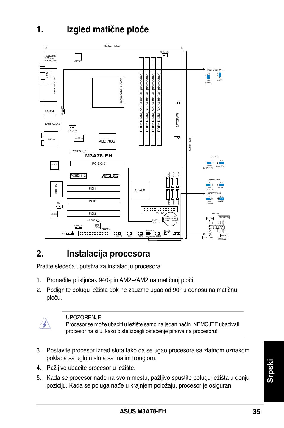 Izgled matične ploče 2. instalacija procesora, Srpski, Asus m3a78-eh | M3a78-eh | Asus M3A78-EH User Manual | Page 35 / 38