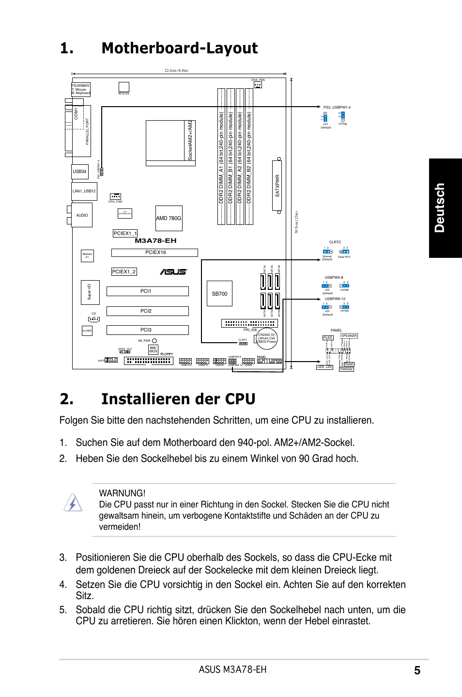 Motherboard-layout 2. installieren der cpu, Deutsch, Asus m3a78-eh | M3a78-eh | Asus M3A78-EH User Manual | Page 5 / 38