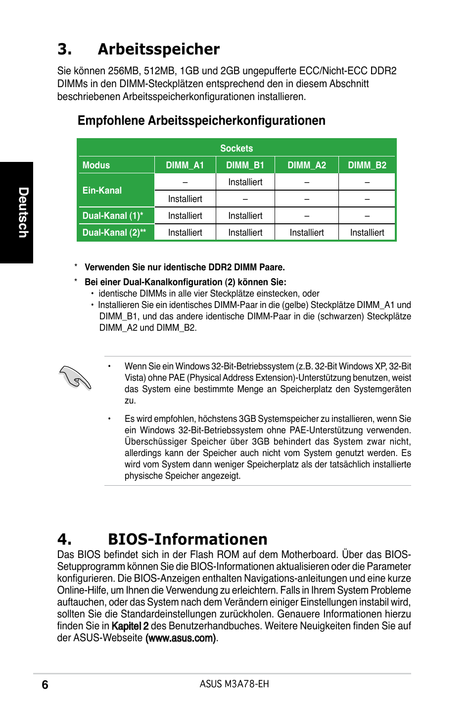 Arbeitsspeicher, Bios-informationen, Deutsch | Empfohlene arbeitsspeicherkonfigurationen | Asus M3A78-EH User Manual | Page 6 / 38