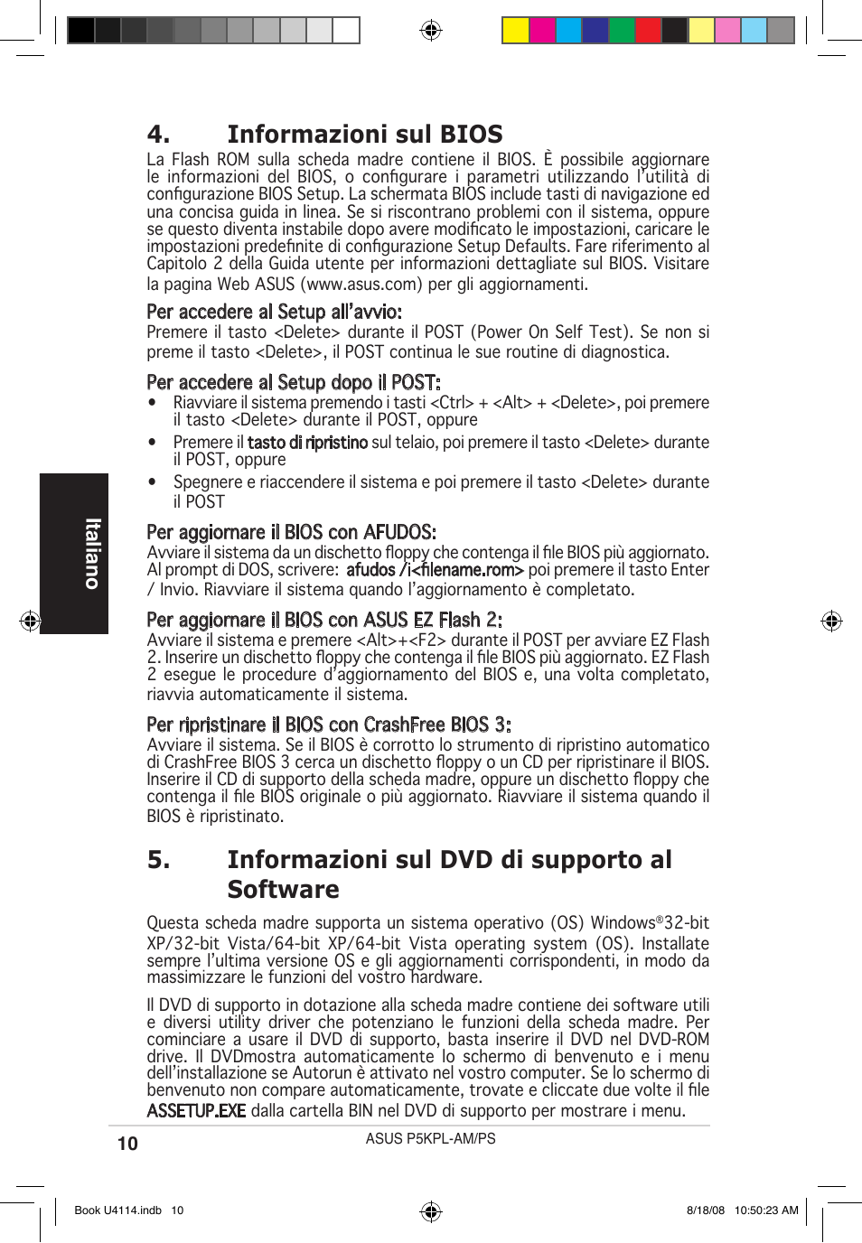 Informazioni sul bios, Informazioni sul dvd di supporto al software, Italiano | Asus P5KPL-AM/PS User Manual | Page 10 / 38