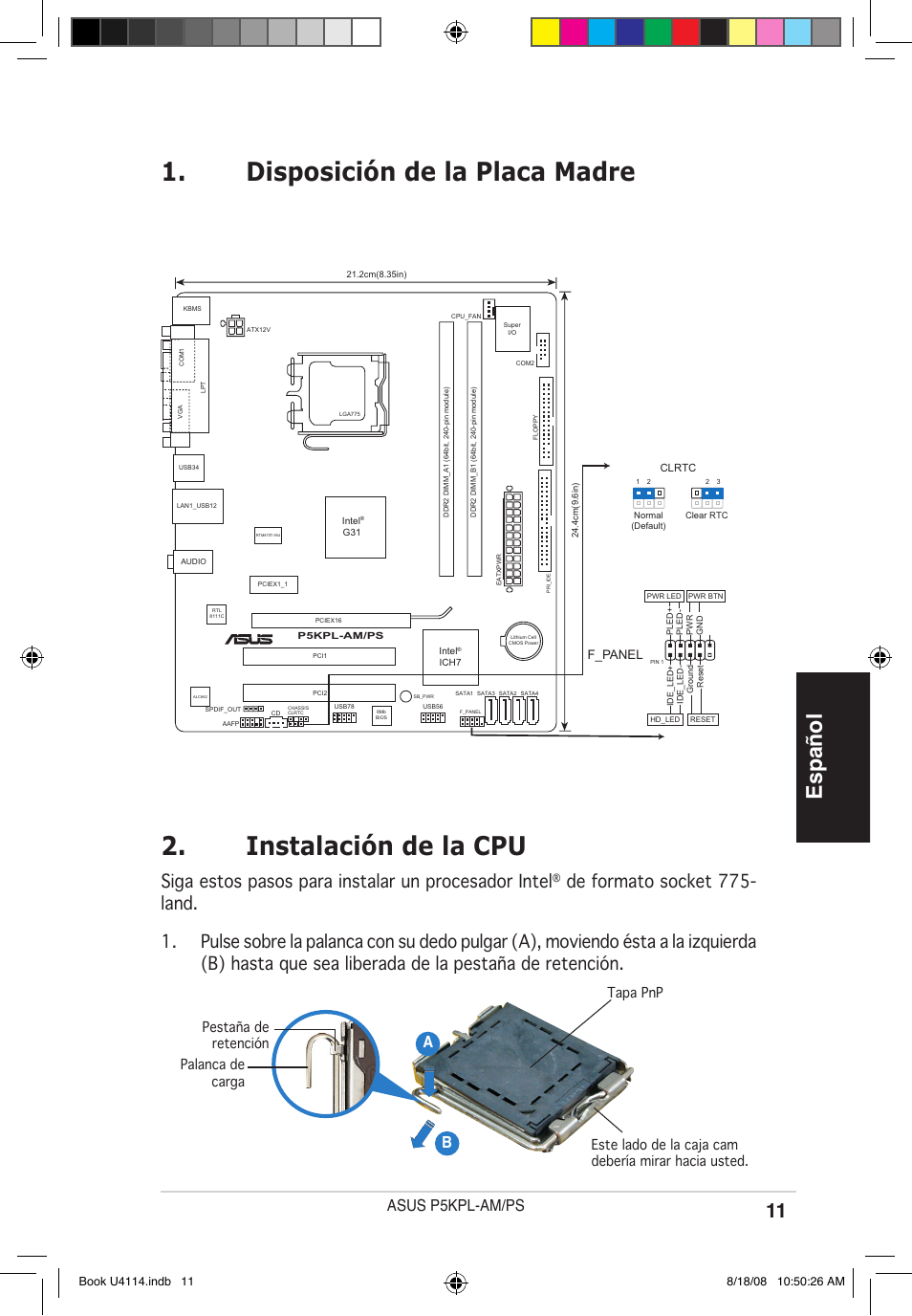 Instalación de la cpu, Disposición de la placa madre, Español | Siga estos pasos para instalar un procesador intel, Asus p5kpl-am/ps, F_panel | Asus P5KPL-AM/PS User Manual | Page 11 / 38