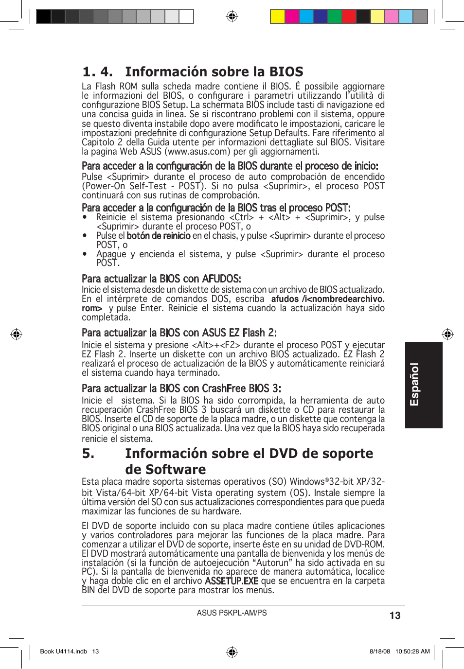 Información sobre la bios, Información sobre el dvd de soporte de software, Español | Asus P5KPL-AM/PS User Manual | Page 13 / 38