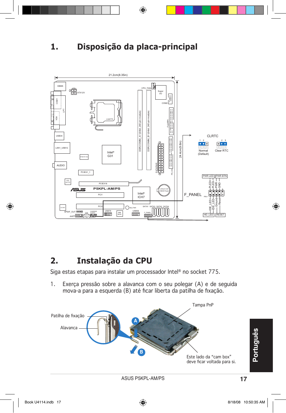 Instalação da cpu, Disposição da placa-principal, Português | Asus p5kpl-am/ps, Ab b, F_panel | Asus P5KPL-AM/PS User Manual | Page 17 / 38