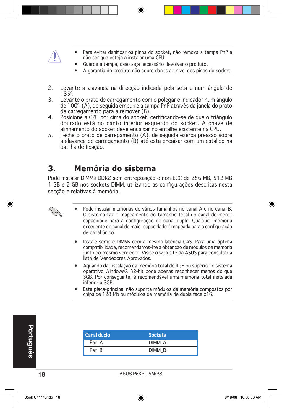 Memória do sistema, Português | Asus P5KPL-AM/PS User Manual | Page 18 / 38