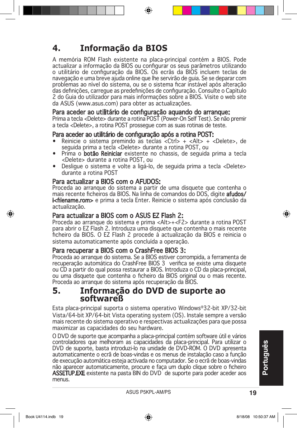 Informação da bios, Informação do dvd de suporte ao softwareß, Português | Asus P5KPL-AM/PS User Manual | Page 19 / 38