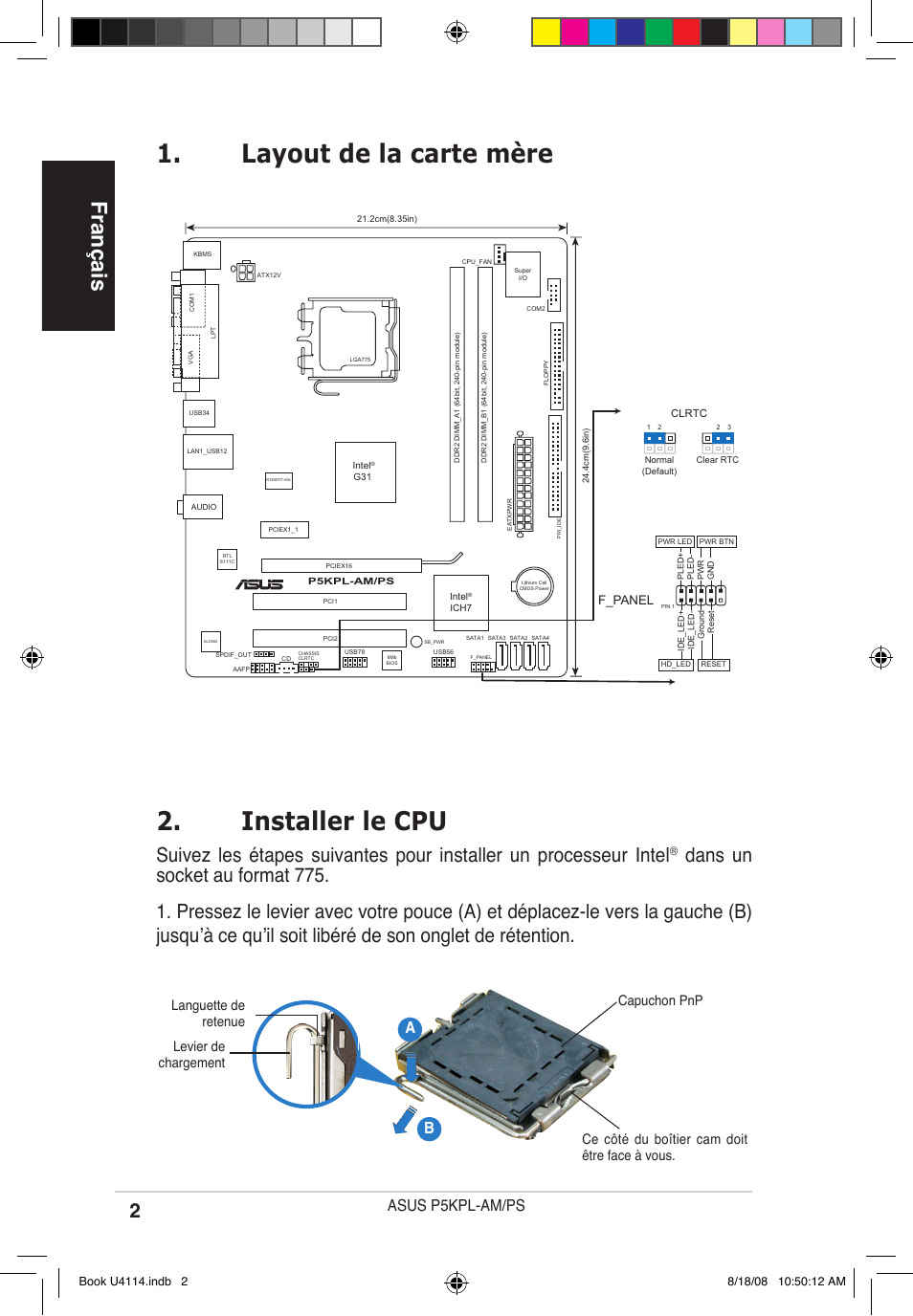 Installer le cpu, Layout de la carte mère, Français | Asus p5kpl-am/ps, F_panel | Asus P5KPL-AM/PS User Manual | Page 2 / 38