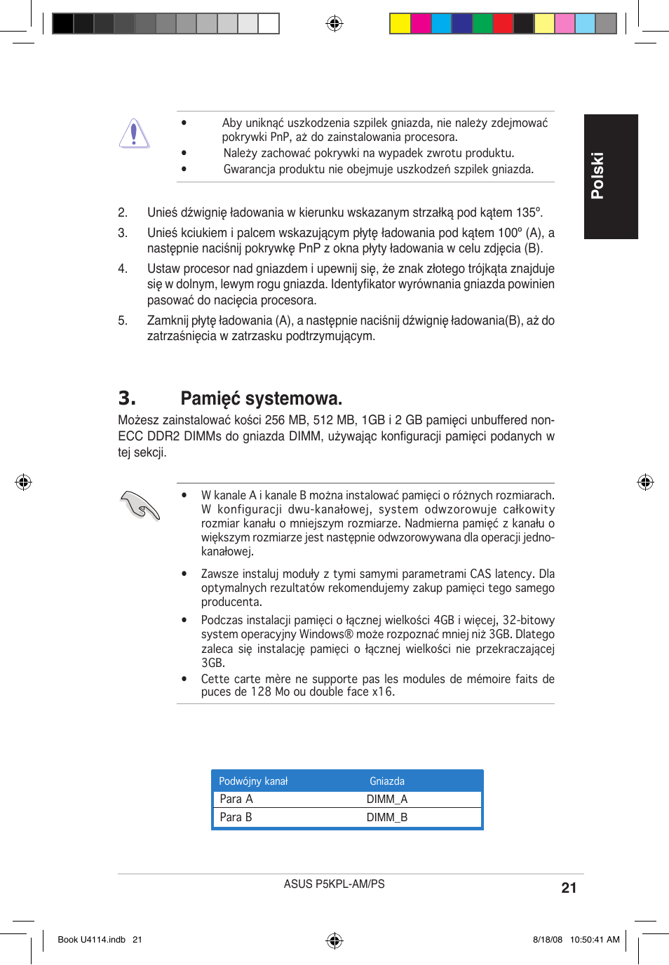 Pamięć systemowa, Polski | Asus P5KPL-AM/PS User Manual | Page 21 / 38