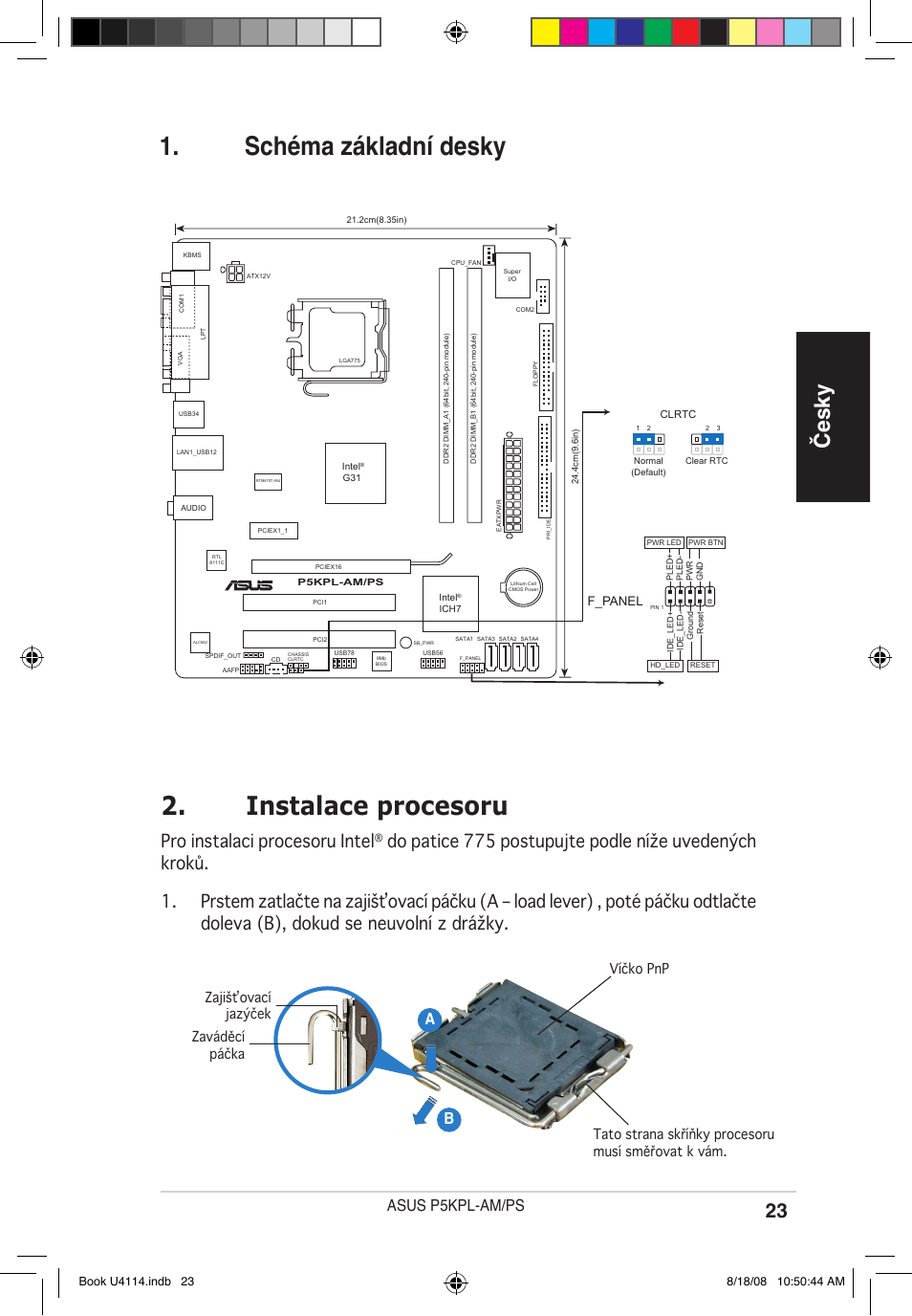 Schéma základní desky 2. instalace procesoru, Česky, Pro instalaci procesoru intel | Asus p5kpl-am/ps, Ab b, F_panel | Asus P5KPL-AM/PS User Manual | Page 23 / 38