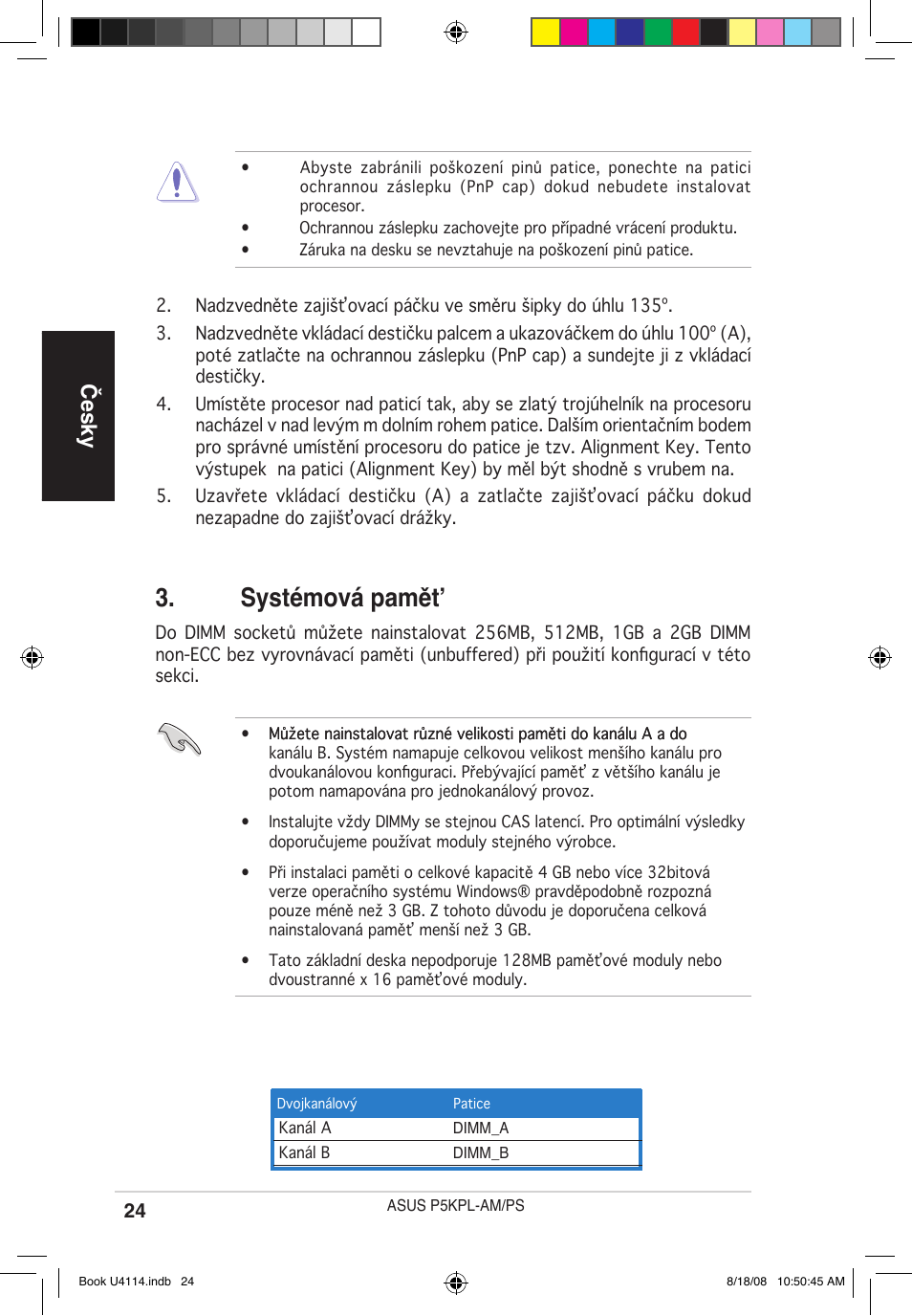 Systémová pamět, Česky | Asus P5KPL-AM/PS User Manual | Page 24 / 38