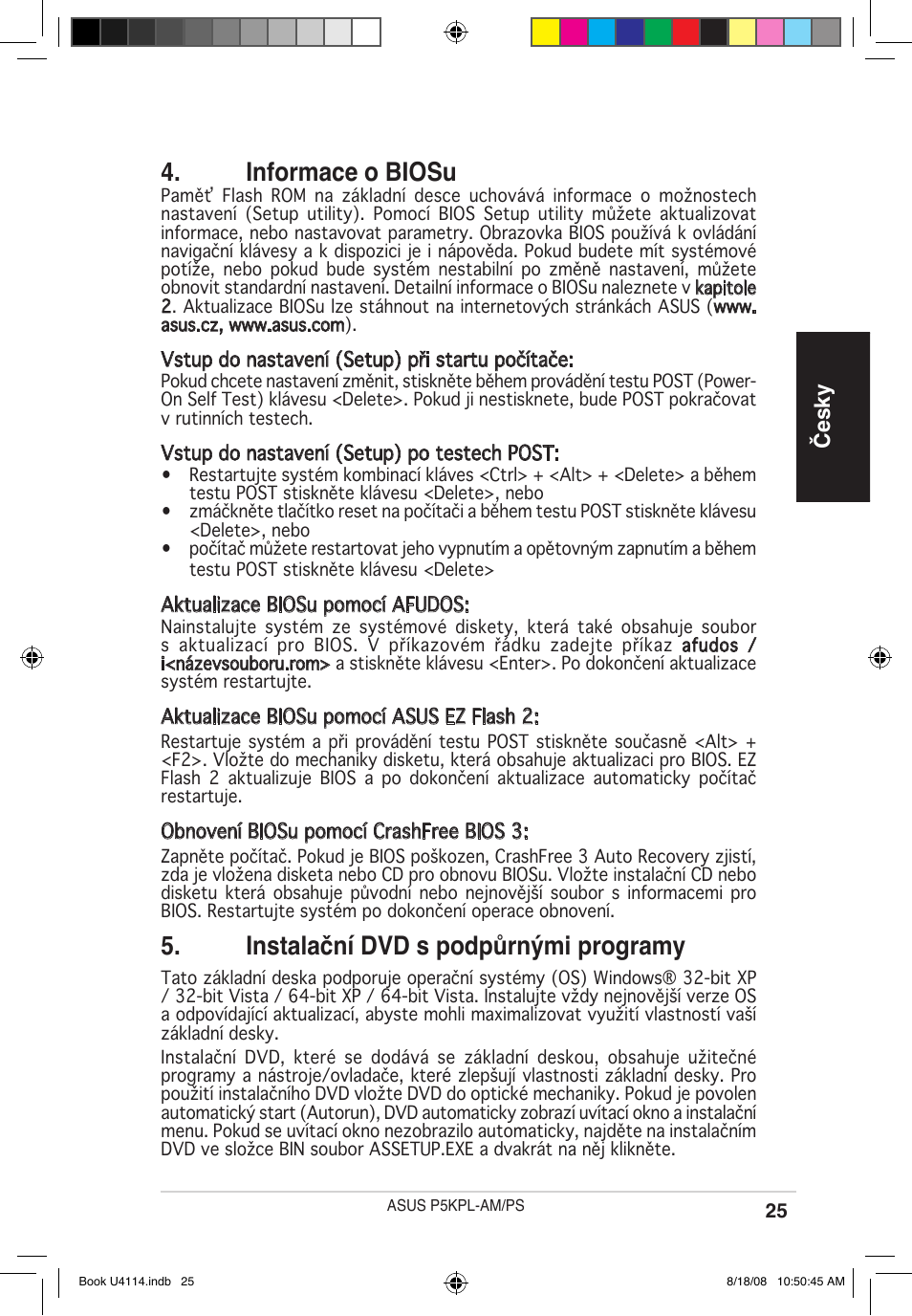 Informace o biosu, Instalační dvd s podpůrnými programy, Česky | Asus P5KPL-AM/PS User Manual | Page 25 / 38