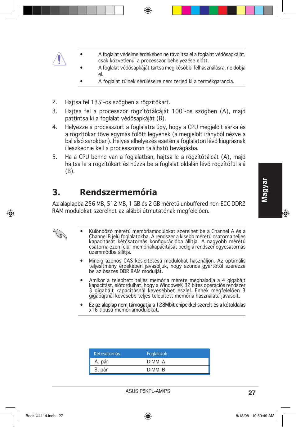 Rendszermemória, Magyar | Asus P5KPL-AM/PS User Manual | Page 27 / 38