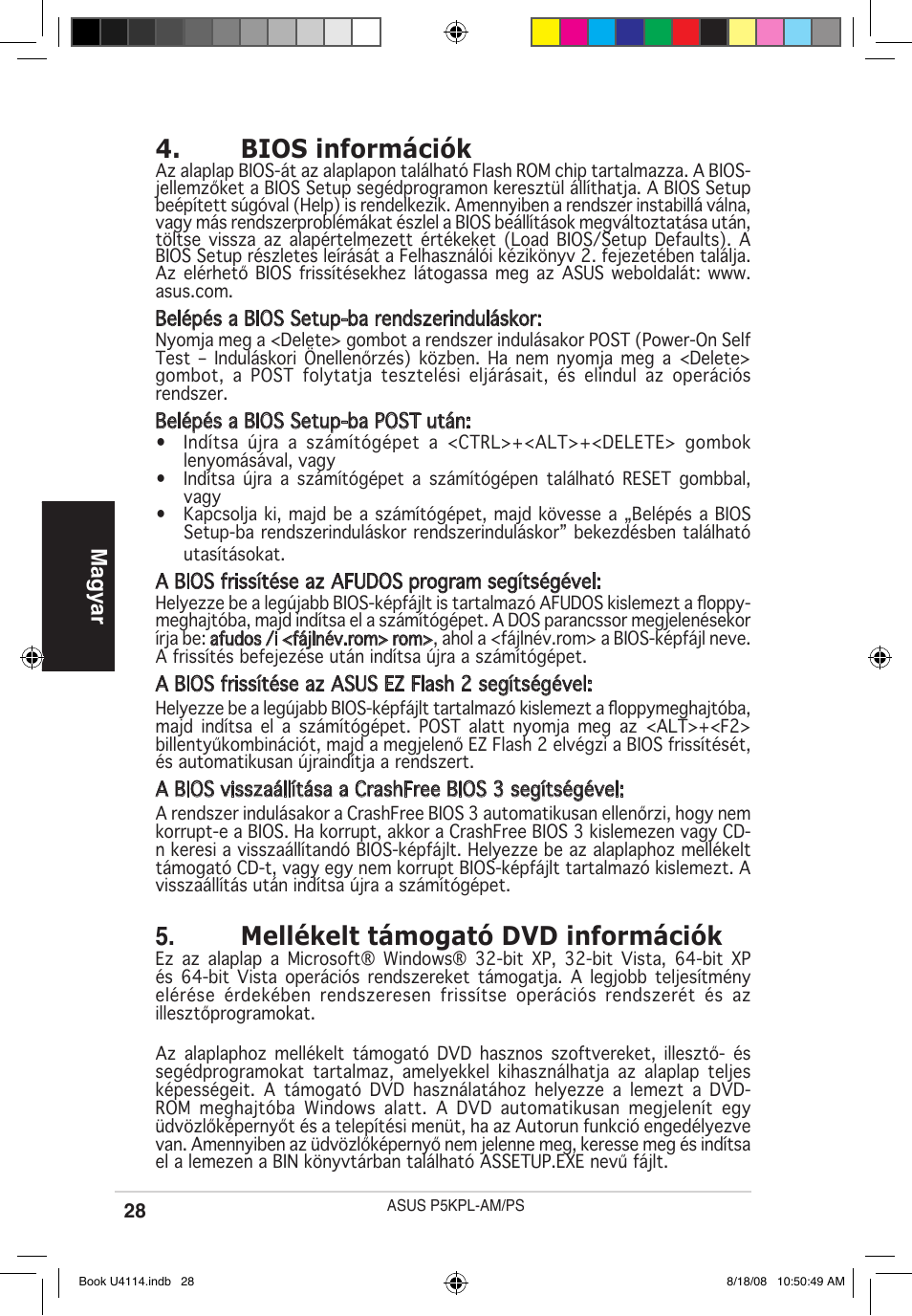 Bios információk, Mellékelt támogató dvd információk, Magyar | Asus P5KPL-AM/PS User Manual | Page 28 / 38