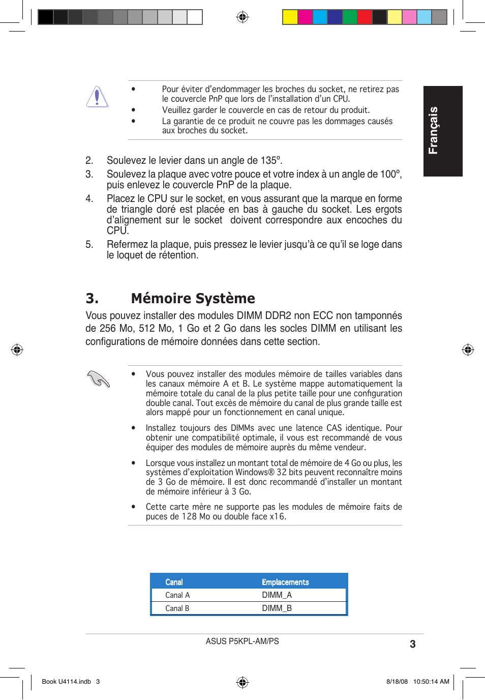 Mémoire système, Français | Asus P5KPL-AM/PS User Manual | Page 3 / 38