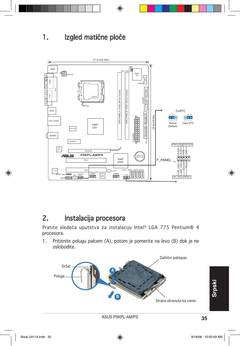 Izgled matične ploče 2. instalacija procesora, Srpski, Pratite sledeća uputstva za instalaciju intel | Asus p5kpl-am/ps, Ab b, F_panel | Asus P5KPL-AM/PS User Manual | Page 35 / 38