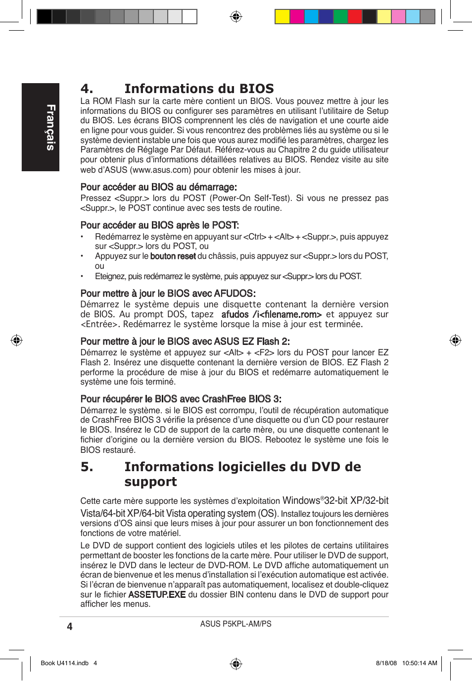 Informations du bios, Informations logicielles du dvd de support, Français | Asus P5KPL-AM/PS User Manual | Page 4 / 38