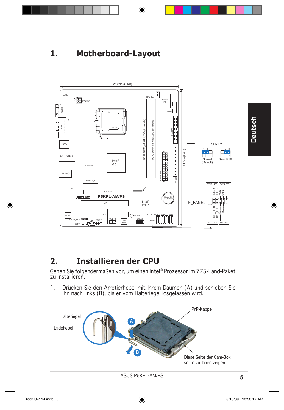 Installieren der cpu, Motherboard-layout, Deutsch | Gehen sie folgendermaßen vor, um einen intel, Asus p5kpl-am/ps, F_panel | Asus P5KPL-AM/PS User Manual | Page 5 / 38