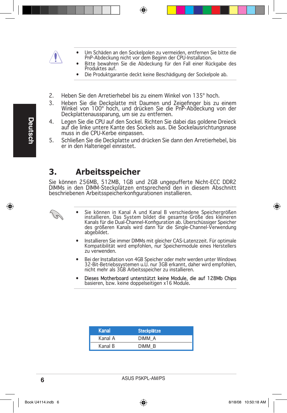 Arbeitsspeicher, Deutsch | Asus P5KPL-AM/PS User Manual | Page 6 / 38