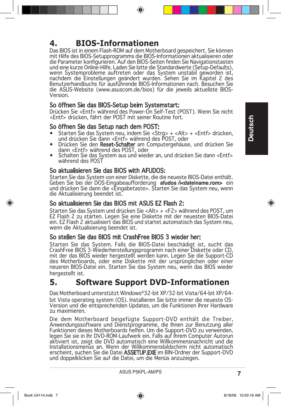 Bios-informationen, Software support dvd-informationen, Deutsch | Asus P5KPL-AM/PS User Manual | Page 7 / 38