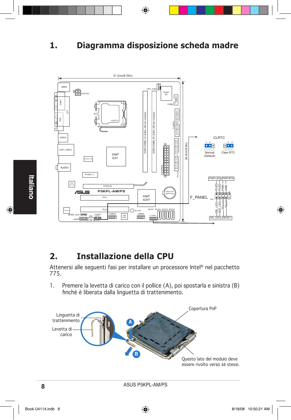 Installazione della cpu, Diagramma disposizione scheda madre, Italiano | Asus p5kpl-am/ps, F_panel | Asus P5KPL-AM/PS User Manual | Page 8 / 38