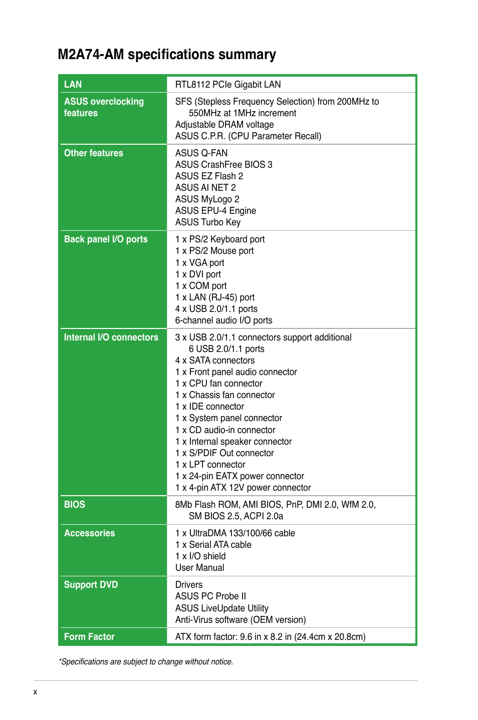 M2a74-am specifications summary | Asus M2A74-AM User Manual | Page 10 / 58