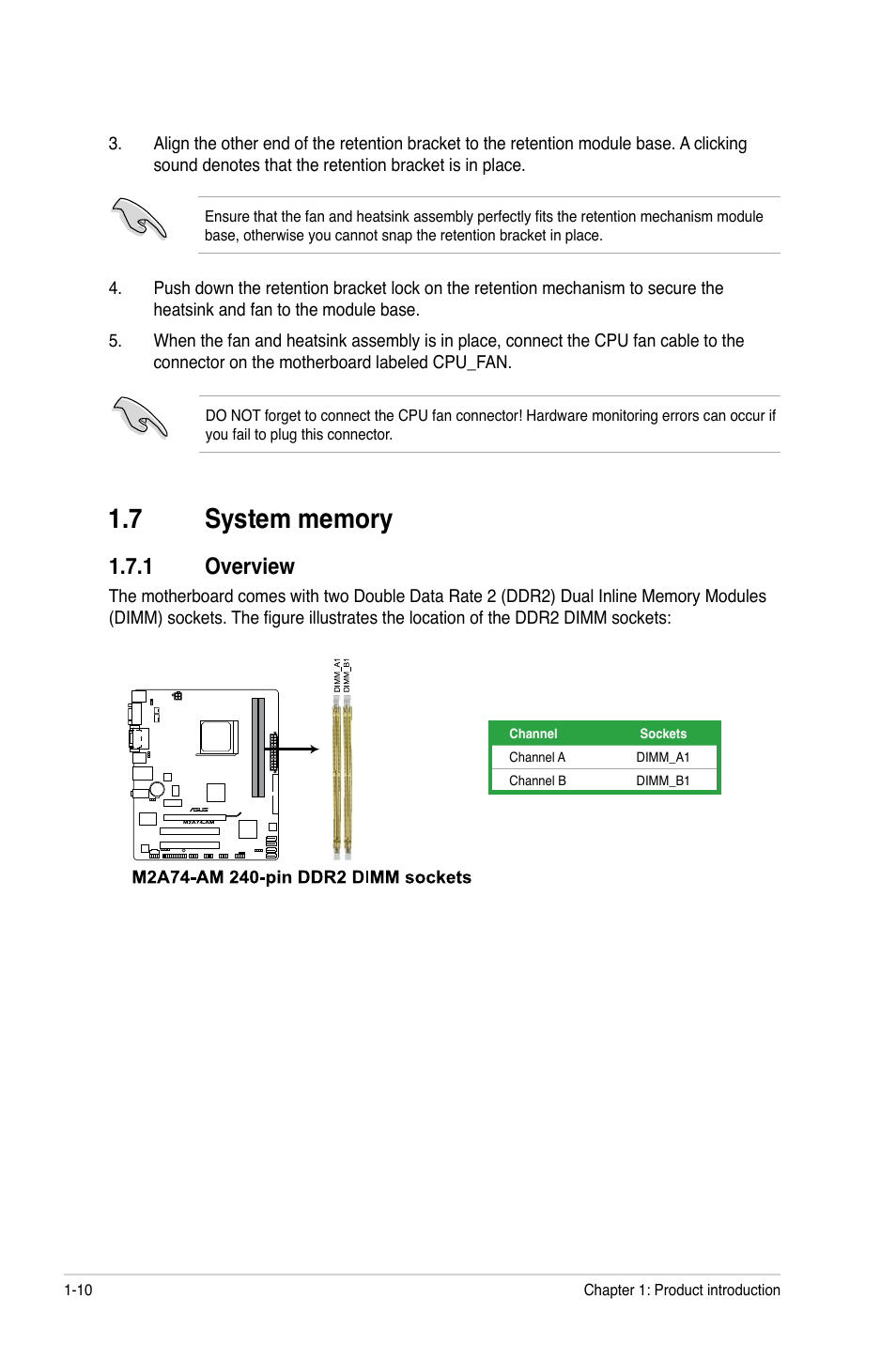 7 system memory, 1 overview, System memory -10 1.7.1 | Overview -10 | Asus M2A74-AM User Manual | Page 20 / 58