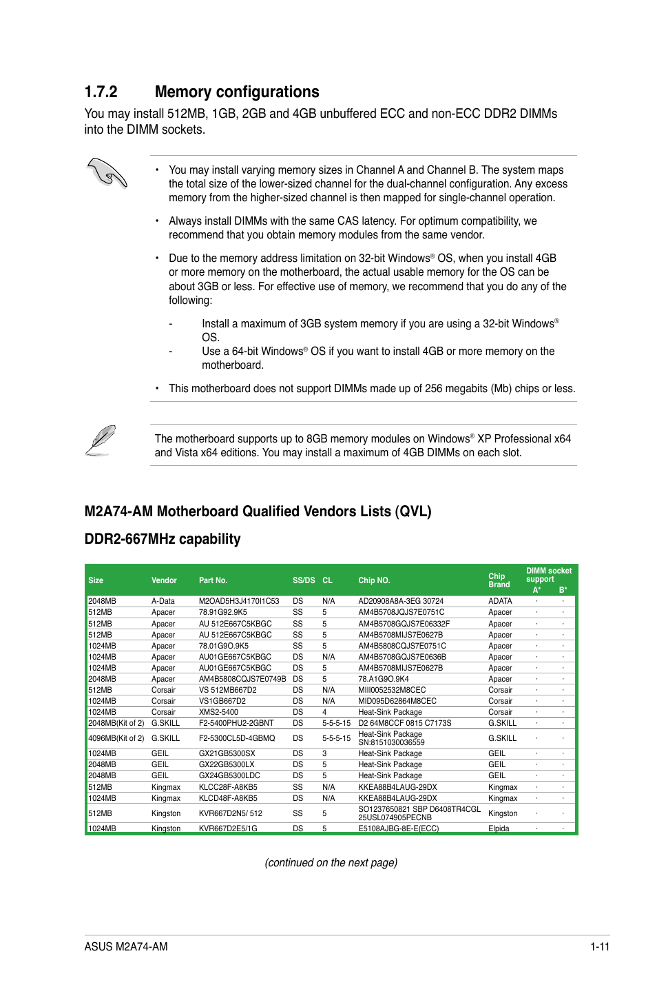 2 memory configurations, Memory configurations -11, Continued on the next page) | Asus M2A74-AM User Manual | Page 21 / 58