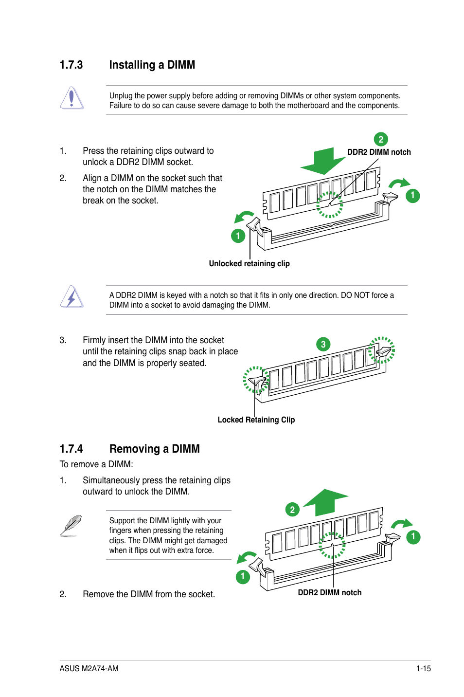 3 installing a dimm, 4 removing a dimm, Installing a dimm -15 | Removing a dimm -15 | Asus M2A74-AM User Manual | Page 25 / 58