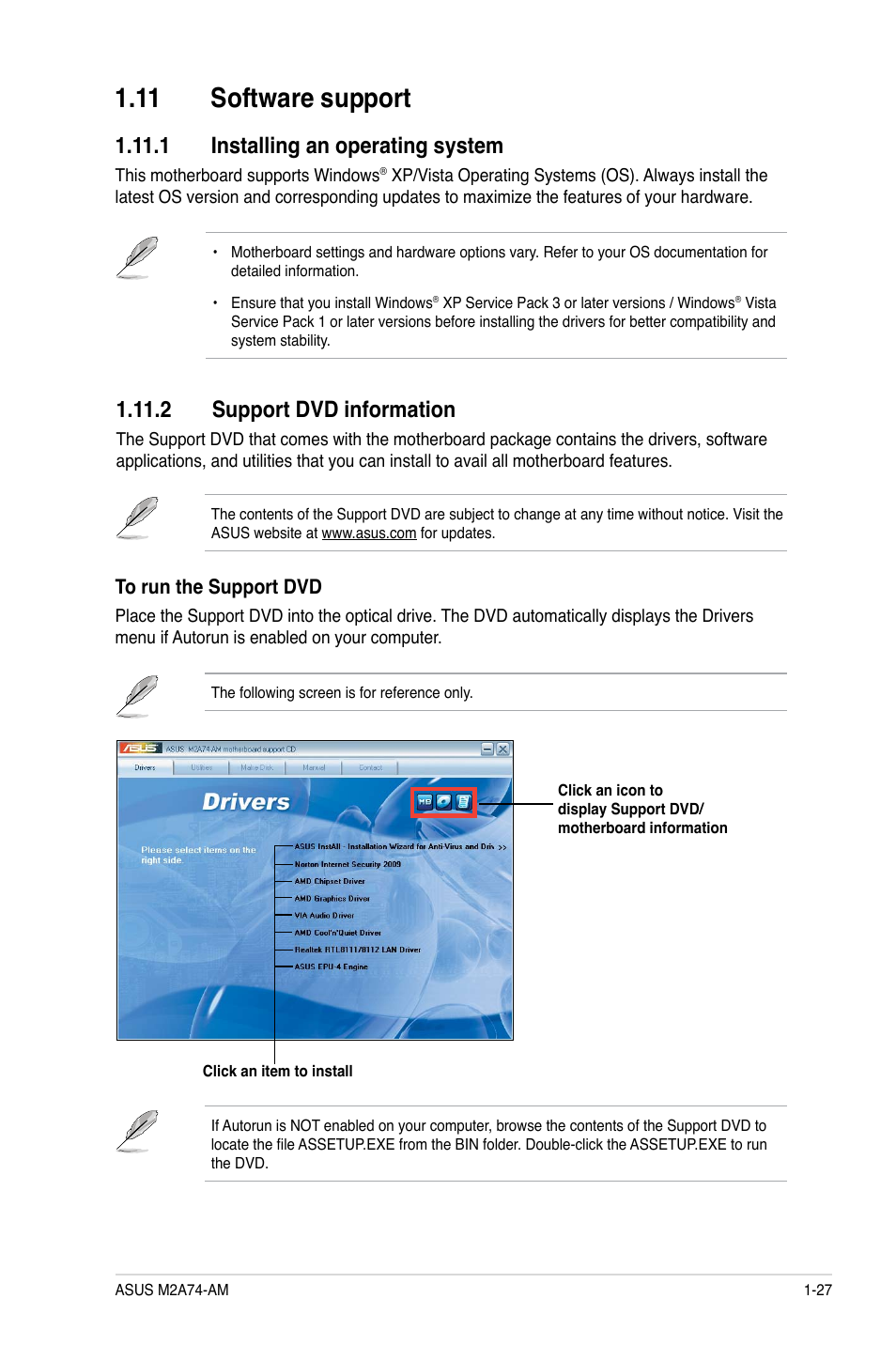 11 software support, 1 installing an operating system, 2 support dvd information | 11 software support -27 | Asus M2A74-AM User Manual | Page 37 / 58