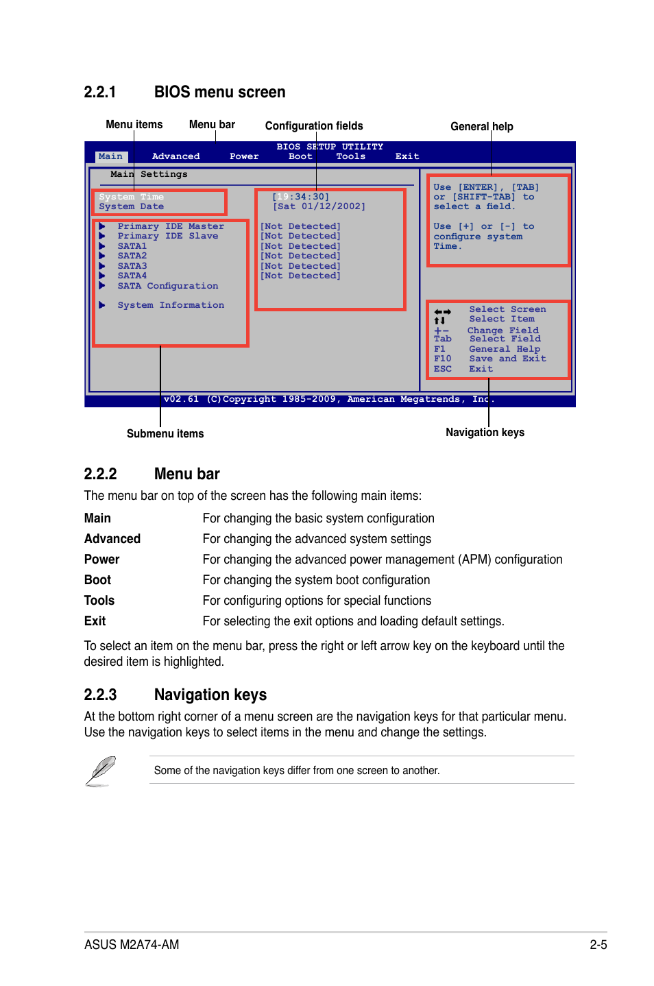 1 bios menu screen, 2 menu bar, 3 navigation keys | Bios menu screen -5, Menu bar -5, Navigation keys -5, 1 bios menu screen 2.2.2 menu bar | Asus M2A74-AM User Manual | Page 43 / 58