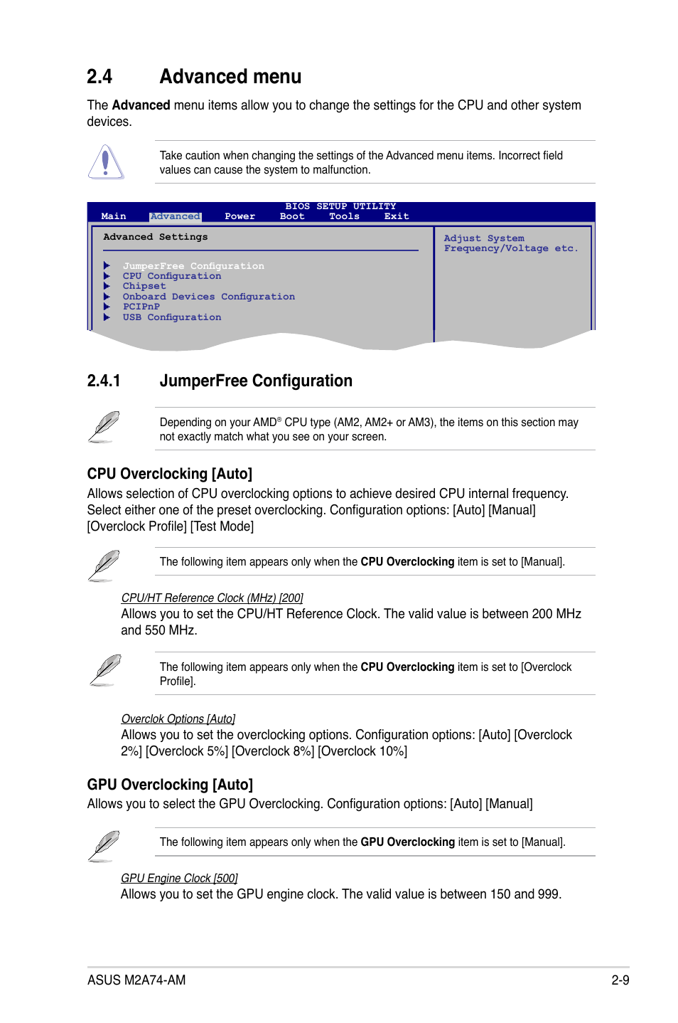 4 advanced menu, 1 jumperfree configuration, Advanced menu -9 2.4.1 | Jumperfree configuration -9, Gpu overclocking [auto, Cpu overclocking [auto | Asus M2A74-AM User Manual | Page 47 / 58